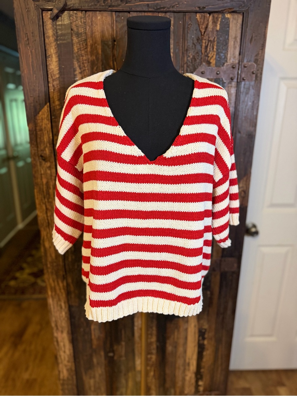 BiBi Womens L Red Cream Stripe Knit Sweater Top Deep V Neck NWT game day slouchy
